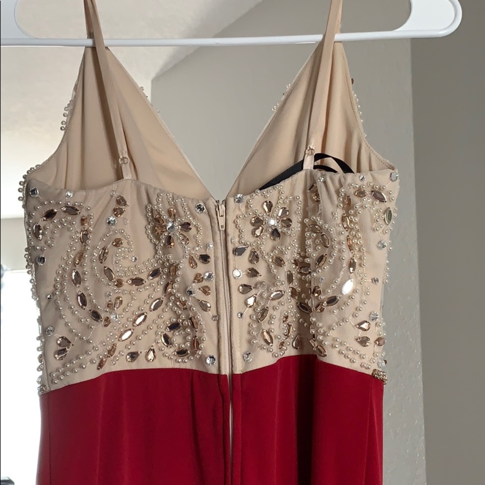 Long Maroon and Tan beaded dress